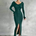 thumbnail image 5 of yillto Women Knit Dress Split Long Sleeve Ruched Slim Midi Dresses High Waist Ribbed Formal Outfits, 5 of 6