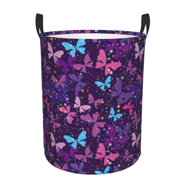 Balery Bright Purple Butterflies Cesta de ropa redonda con asas, impermeable, independiente, para ropa, juguetes, dormitorio y familia-Medium