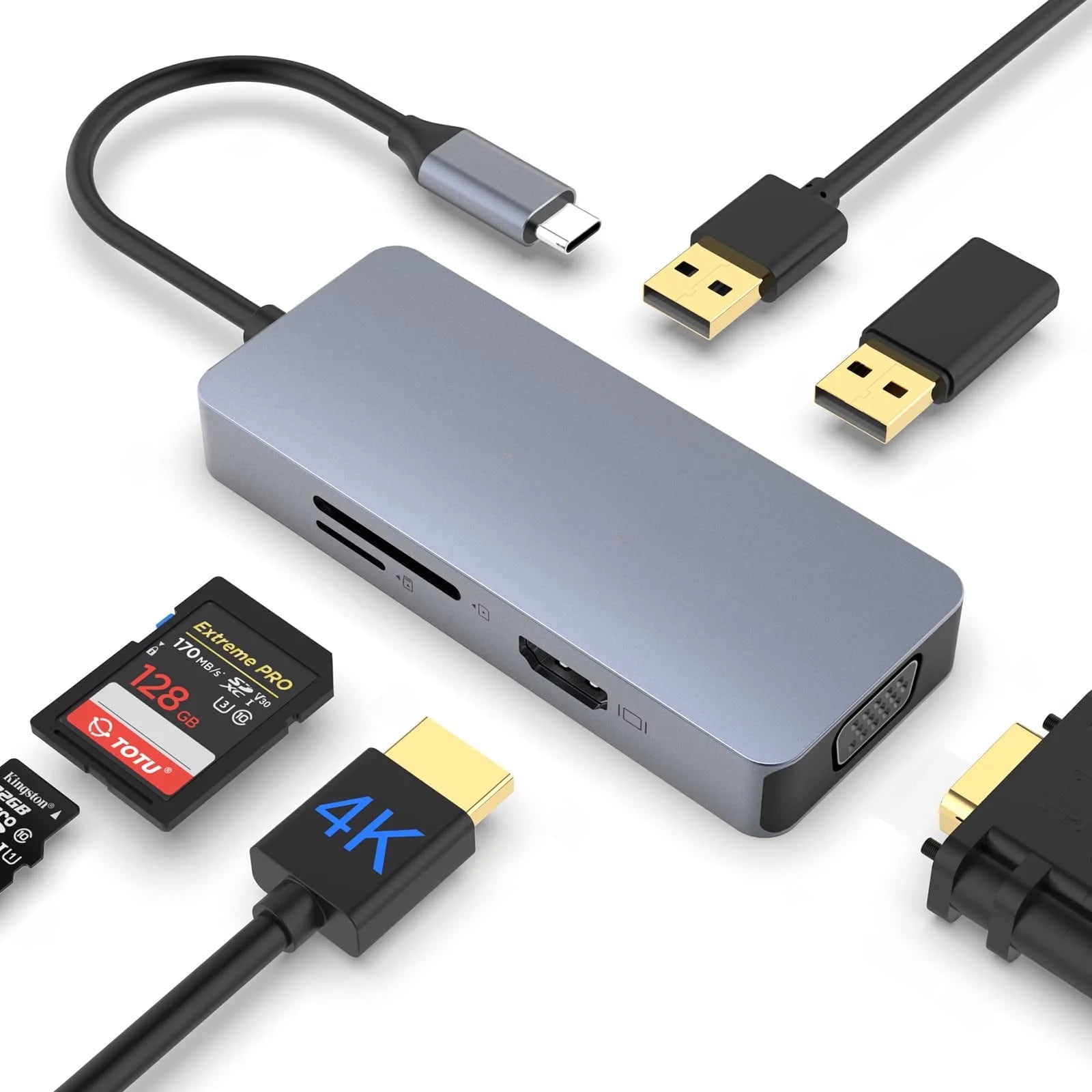 USB C Hub, Docking Station, 6-in-1 Docking Station Type C Hub with 4K HDMI Port, VGA Port, 2 USB 2.0 Ports, SD/TF Card Reader, for Macbook and Other Type C Laptops