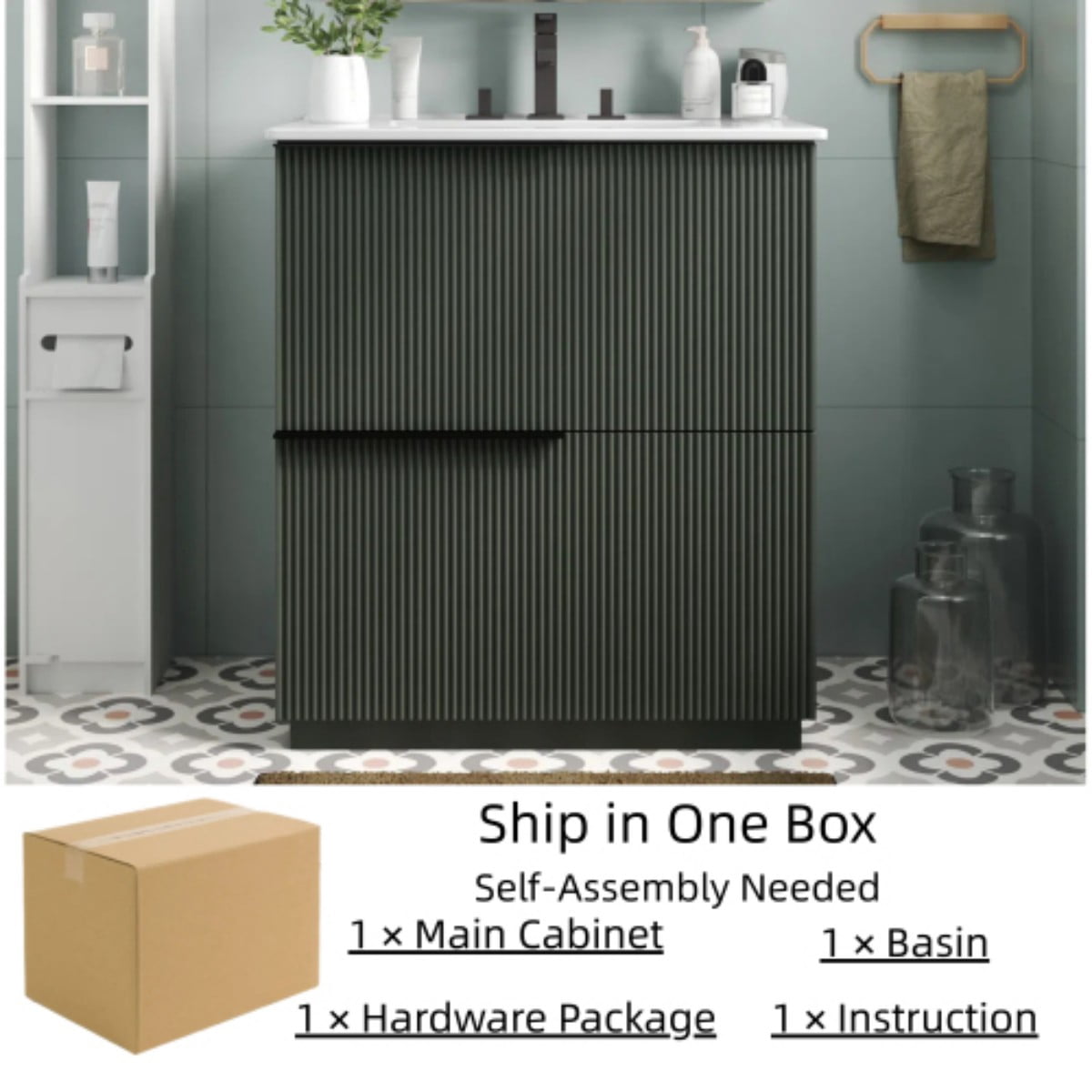 30" Bathroom Vanity with Ceramic Sink, Freestanding Bathroom Cabinet with Full Extension Drawers, Soft Close Slides, Fluted Design, Green