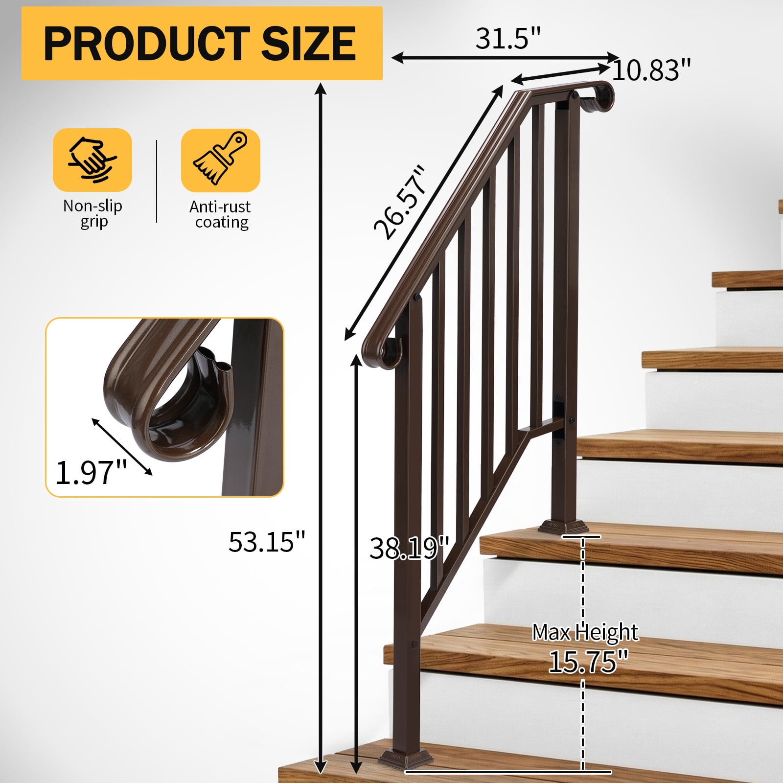 Copper Galvanized Iron Stair Handrail Curved Step Railing Fit 2-3 Steps Outdoor Garden Steps Rust Resistant Powder Coated Safety Picket Rail With Mounting Hardware