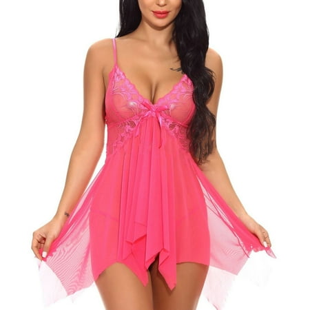 

KDDYLITQ Chemise for Women s Lace Outfits Nightdress V Neck Sexy Lingerie Babydoll Hot Pink XL