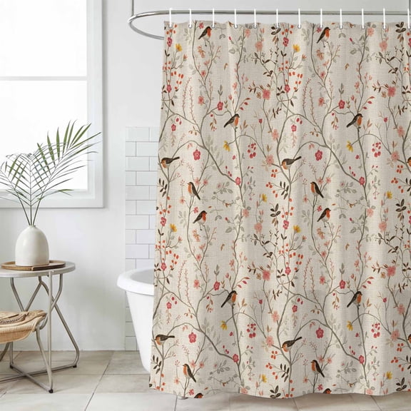Flowers Birds Waterproof Shower Curtain, 72"x72" Washable Polyester Fabric Shower Curtains for Bathroom, Country Retro Botanical Floral Branches Decorative Bathtub Curtain Sets with Hooks
