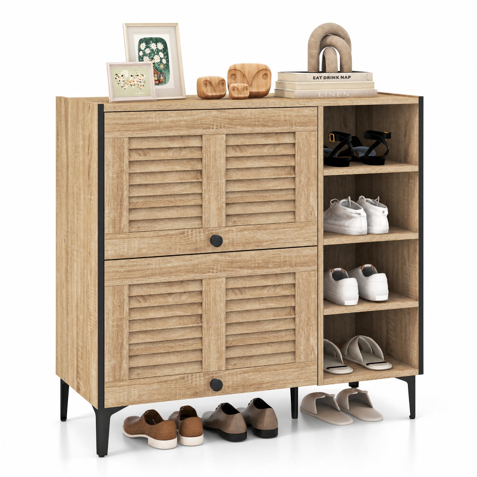 Furnibear Shoe Rack Organizer with Flip Up See Through Doors and Adjustable Shelves for Living Room Entryway Hallway Shoe Cabinet, Oak