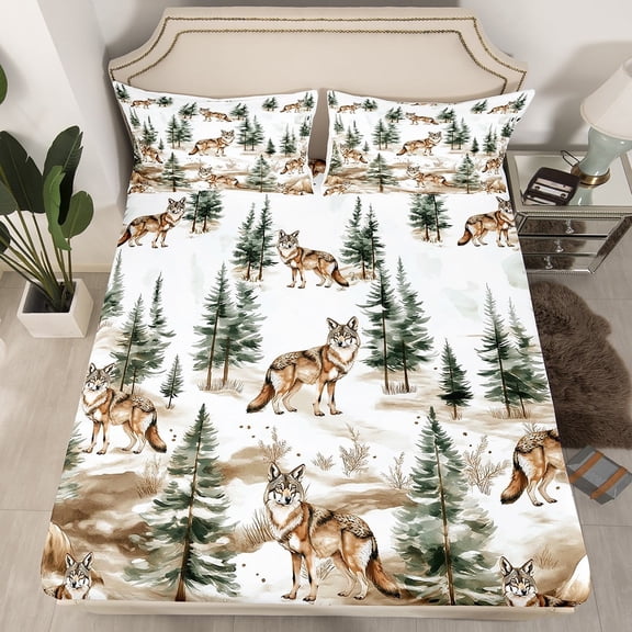 Wolf Fitted Sheet Full Size,Woodland Animals Bedding Set Bedroom,Wolves Wildlife Bed Sheets,Rustic Farmhouse Bed Set,Jungle Hunting Theme Sheets 3 Pcs(No Top Sheet)