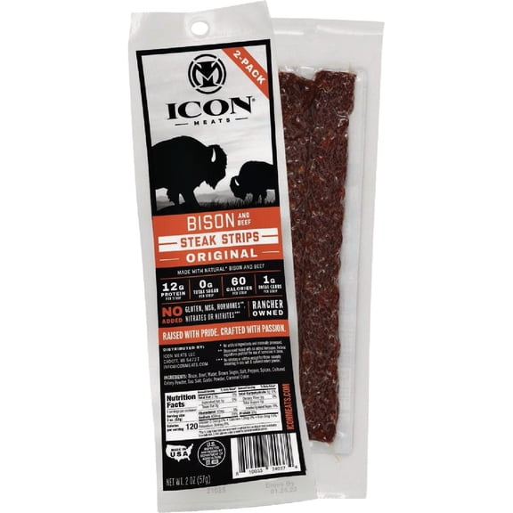 ICON Meats Bison and Beef Jerky Steak Strips, Original, 8 High Protein Snack Packs, 2 Strips per Pack, Low Sugar, Gluten Free, Natural, USDA Inspected, Made in the USA, Gifts for Him