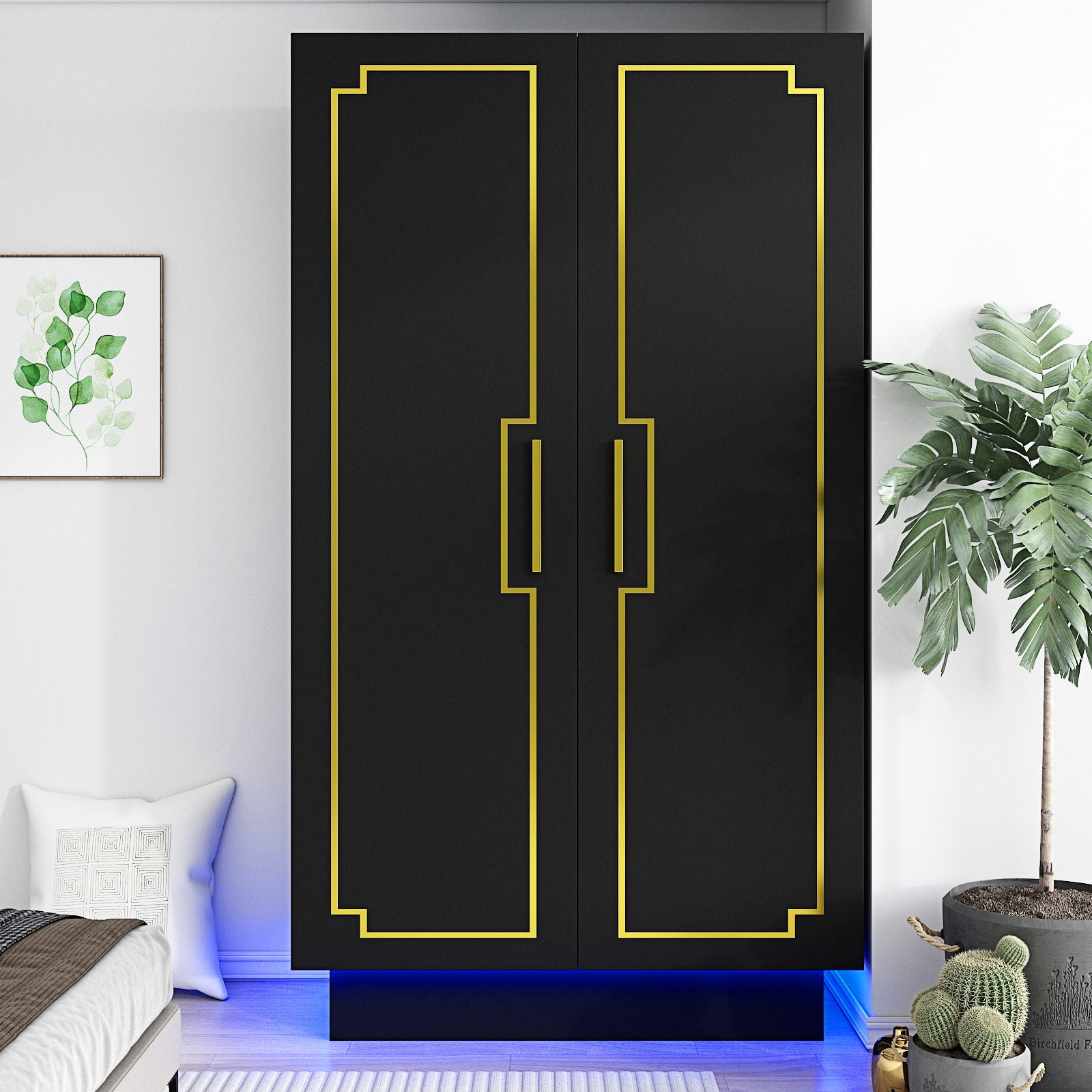 Blotout 70" Armoire Wardrobe Closet with LED Lights, Modern 2 Doors Adult Wood Closet Storage Cabinet with Hanging Rod&RGB LED 6000 Color Lights/5-Tier Storage Shelves