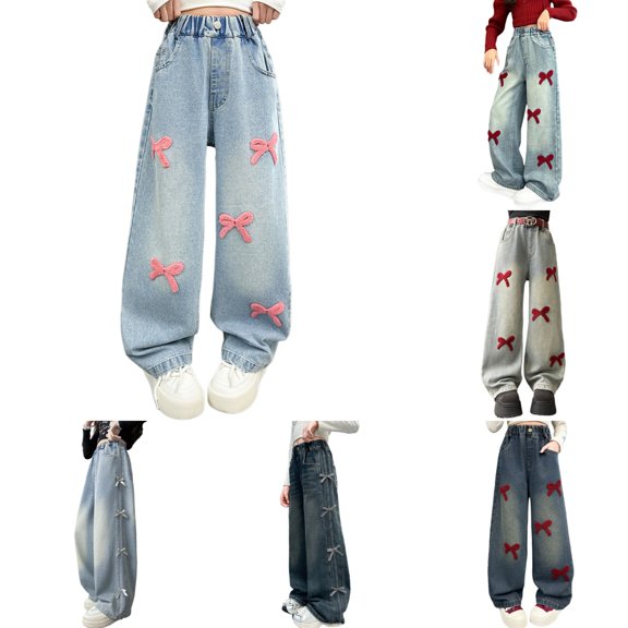 Back To School Baggy Jeans for Girls Cute Bow High Waist Wide Leg Denim Pants Y2k Clothes for Kids and
