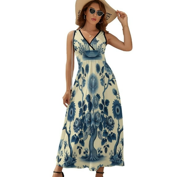 Beautiful Vintage Blue Chinoiserie Toile Dress Fashion Boho Beach Long Dresses Female Party Printed Maxi Dress