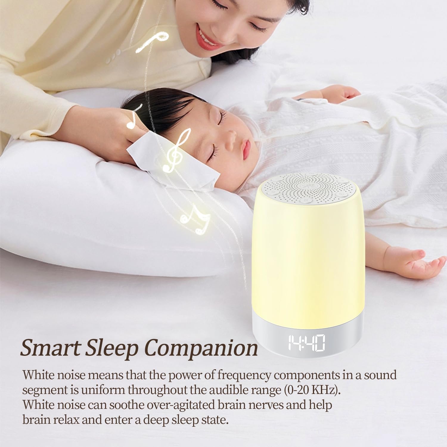White Noise Sound Machine with Night Light, 32 Soothing Sounds, Sunrise Alarm, Rechargeable, App Control for Home, Office, Travel