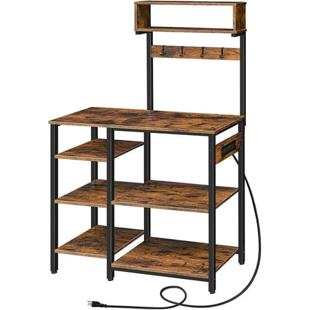 

MIANYANG Bakers Rack with Power Outlet Coffee Station with 4 Hooks 35.4 L x 15.7 W x 59.4 H Microwave Stand for Kitchen Dining Room Living Room Rustic Brown and Black BF10UHB01