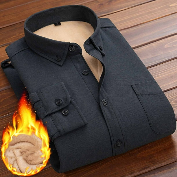 pstuiky camisas de hombre de manga larga, Camisa informal de manga larga con solapa y botones para hombre, color liso, a la moda, con forro polar salir tops xxl