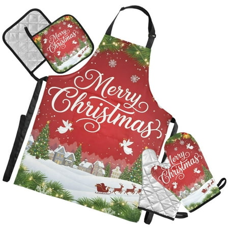 Ryvnso Christmas Elk Wreath Town Kitchen Apron Oven Mitts Set Pot Holders