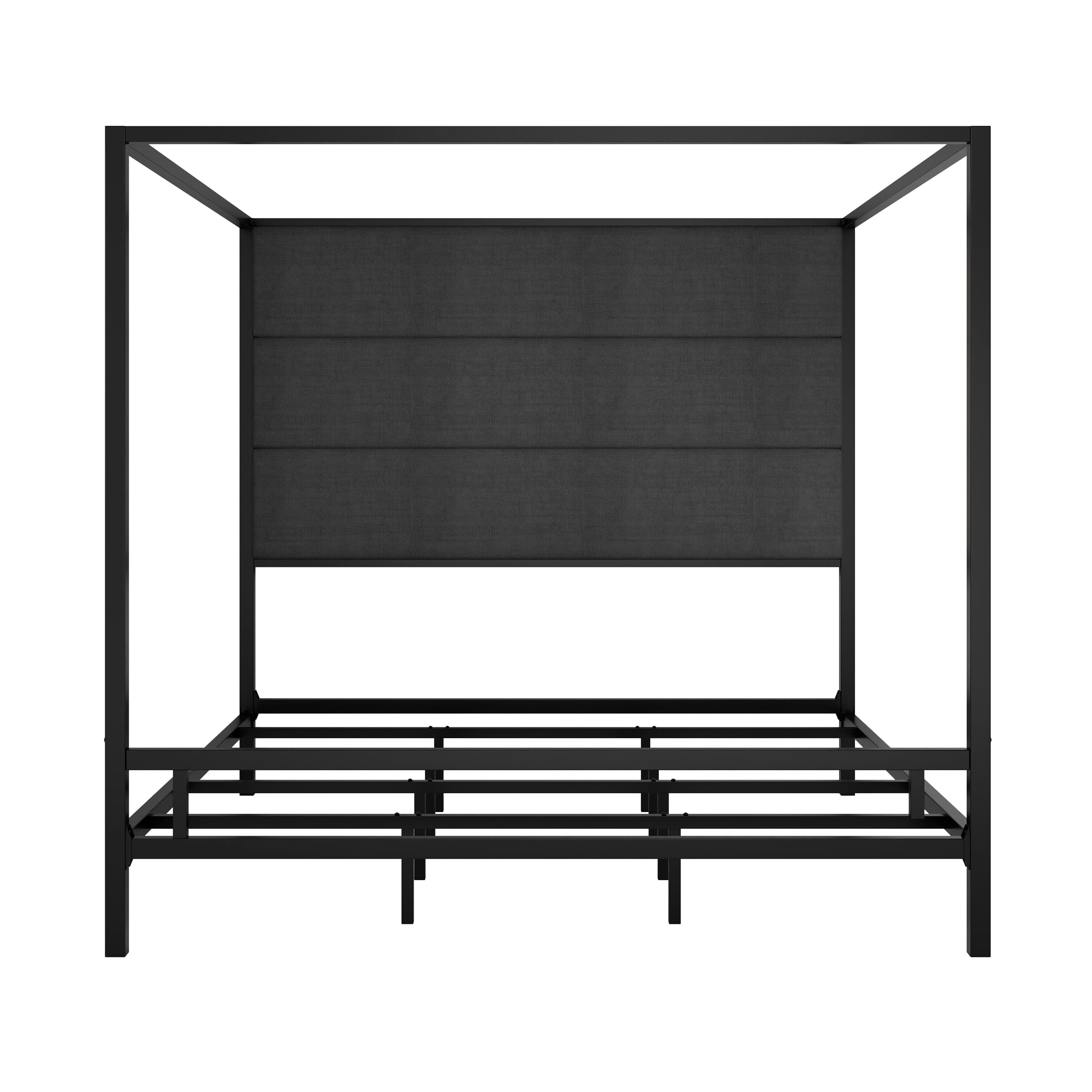 Euroco Metal King Size Canopy Bed with Linen Fabric Upholstered Headboard, 4-Poster Platform Bed, No Box Spring Needed, Black