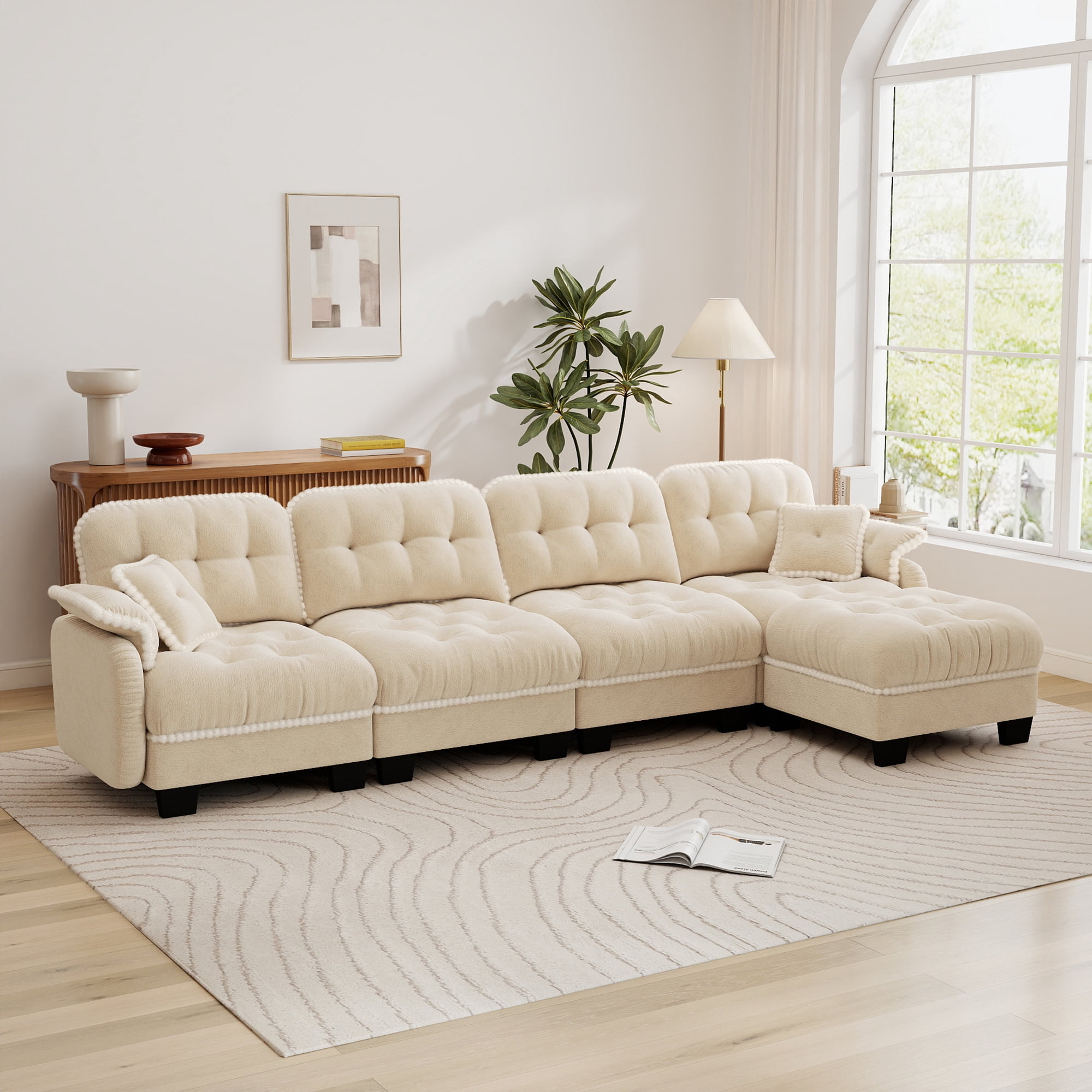 Aenkyo 131.5" Chenille Modular 4-Seater Sectional Sofa with Movable Ottoman, Beige