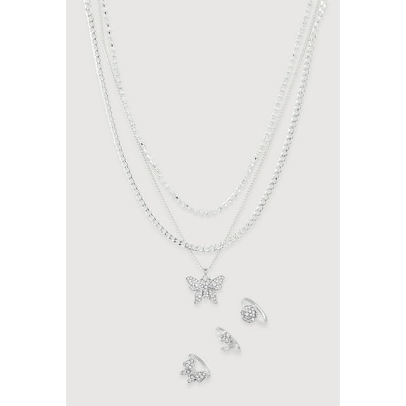 Women's Cubic Zirconia Butterfly Layered Necklace with Rings Set