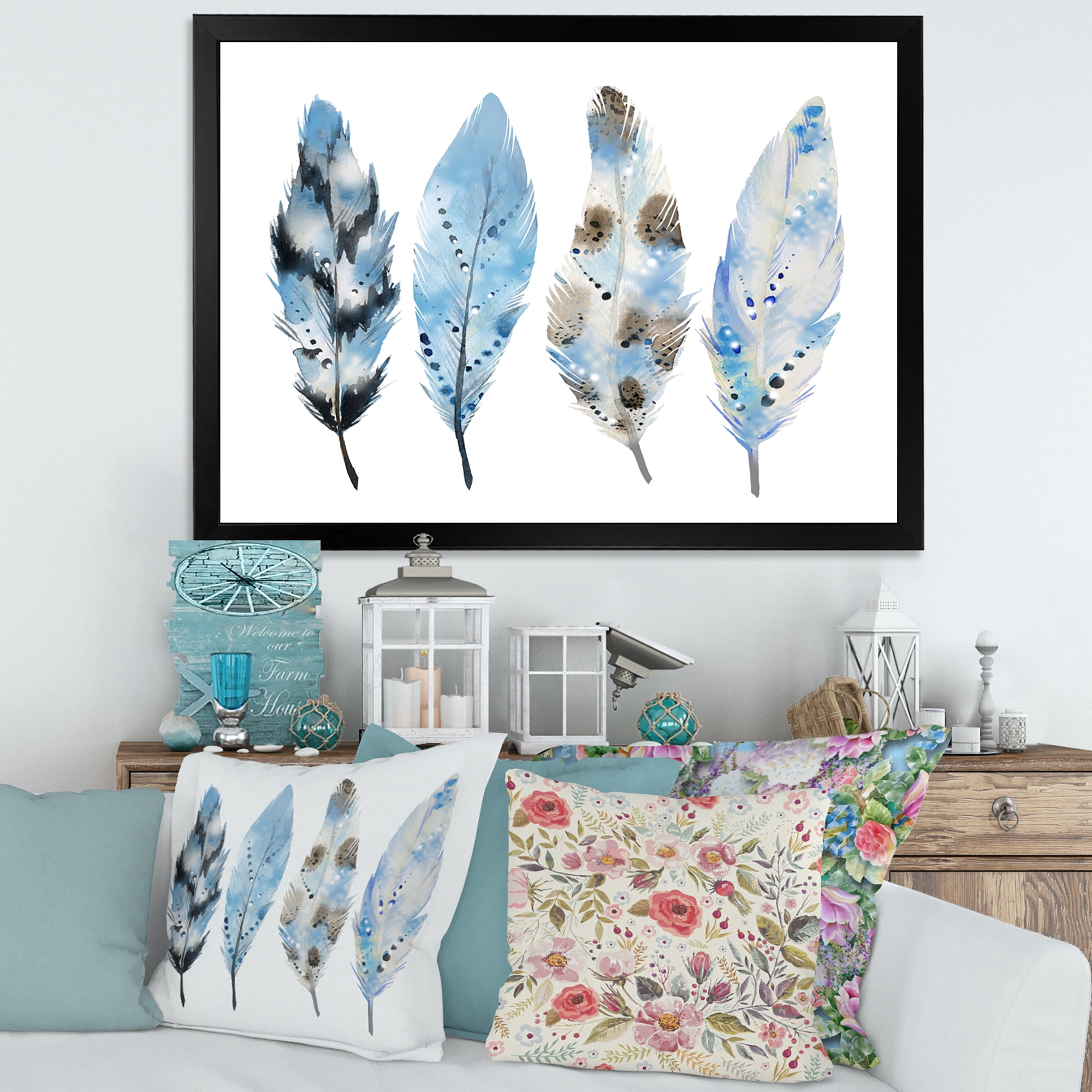 Designart 'Abstract Blue Boho Feathers I' Bohemian & Eclectic Framed Art Print