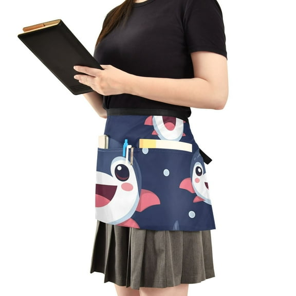 Cute Shark on Dark Server Apron with 3 Pockets Waist Apron for Waiter Waitress