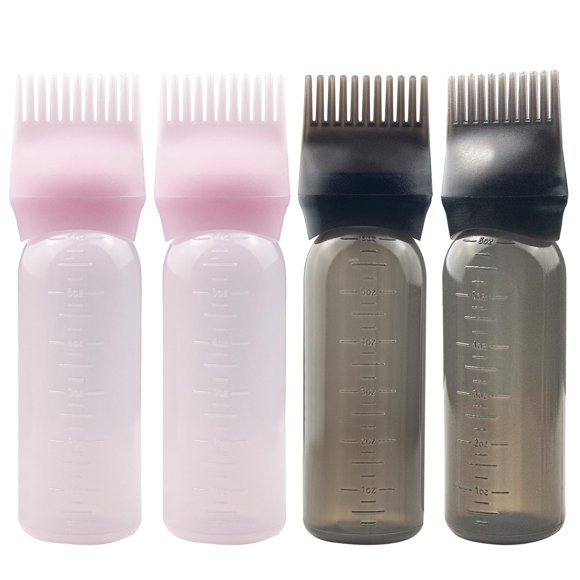 ZGQHZR Paquete de 4 botellas aplicadoras de peine de raíz - 6 oz (2 rosas + 2 negras) para champús y salones de tinte para el cabello
