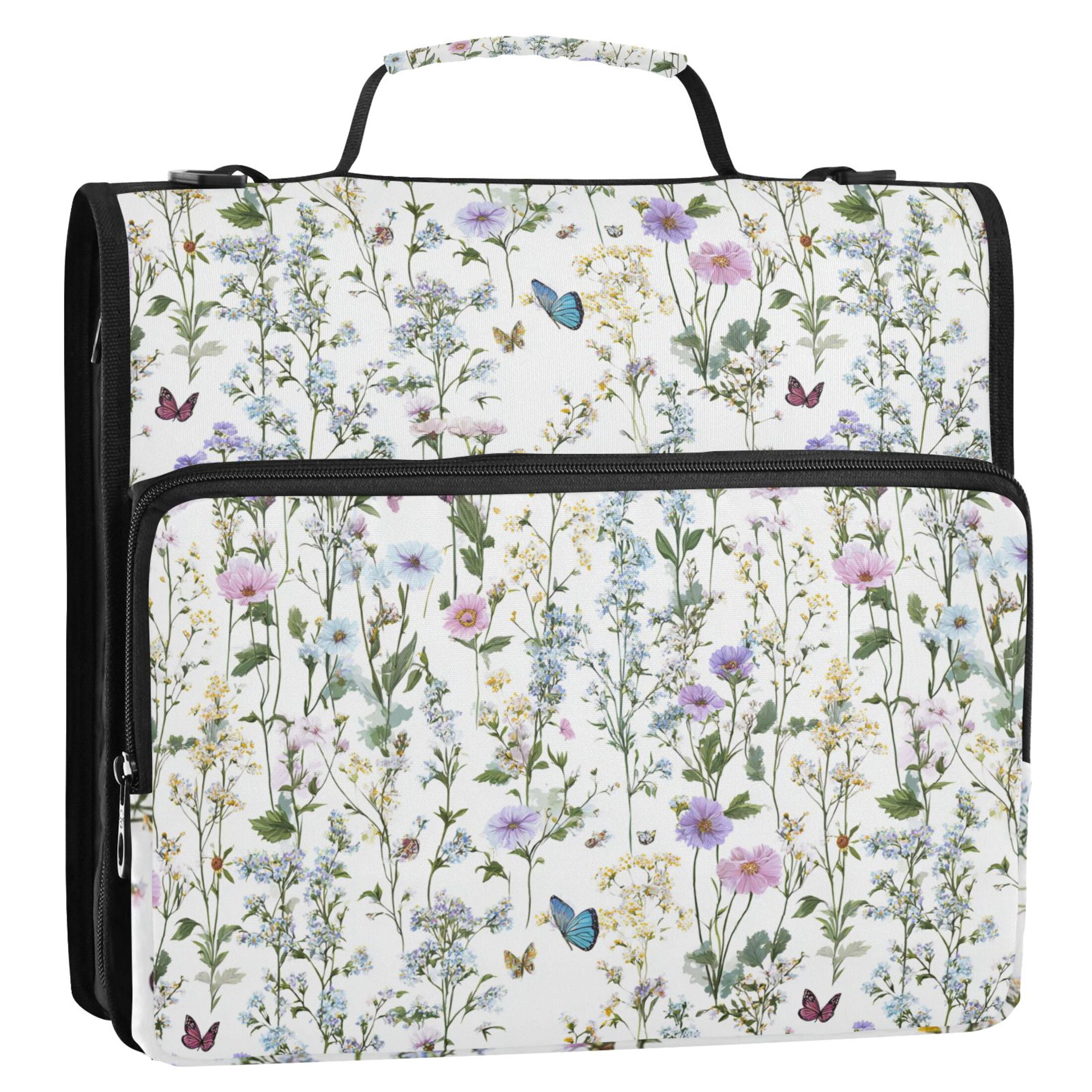 Zipper Binder Flowers and Butterflies 1.5 Inch Binder Folder Bag with Shoulder Strap and Handle