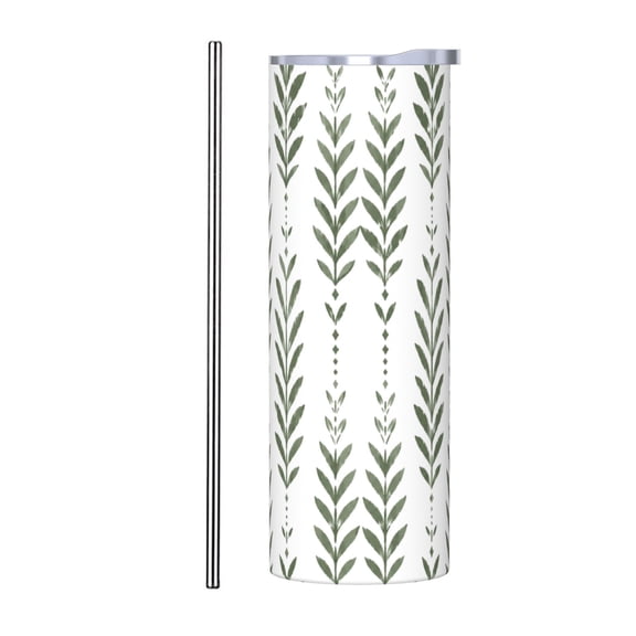 20oz Sage Green Botanical Leaf Insulated Tumbler with Handle and Straw Minimalist Travel Coffee Cup Gift with Stainless Steel Straw