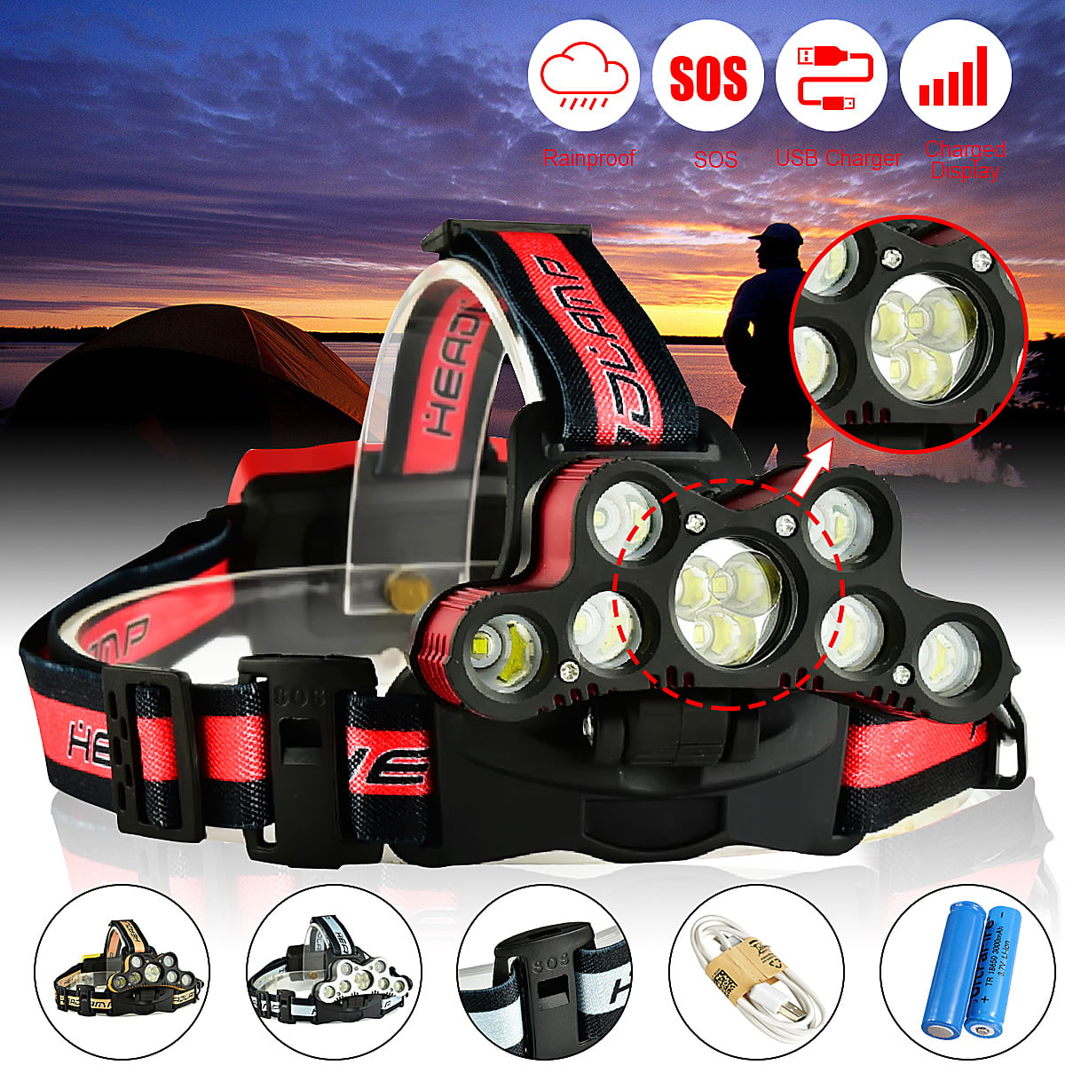 Powerful 35000LM T6 LED Headlamp Headlight Torch Rechargeable Flashlight Hiking 