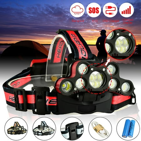 7000LM 9 LED Headlamp USB Rechargeable 18650 Zoomable Headlight Torch Lamp T6 LED + 2Pcs 18650 Battery + USB Cable -SO S Help whistle for Camping Running Hiking