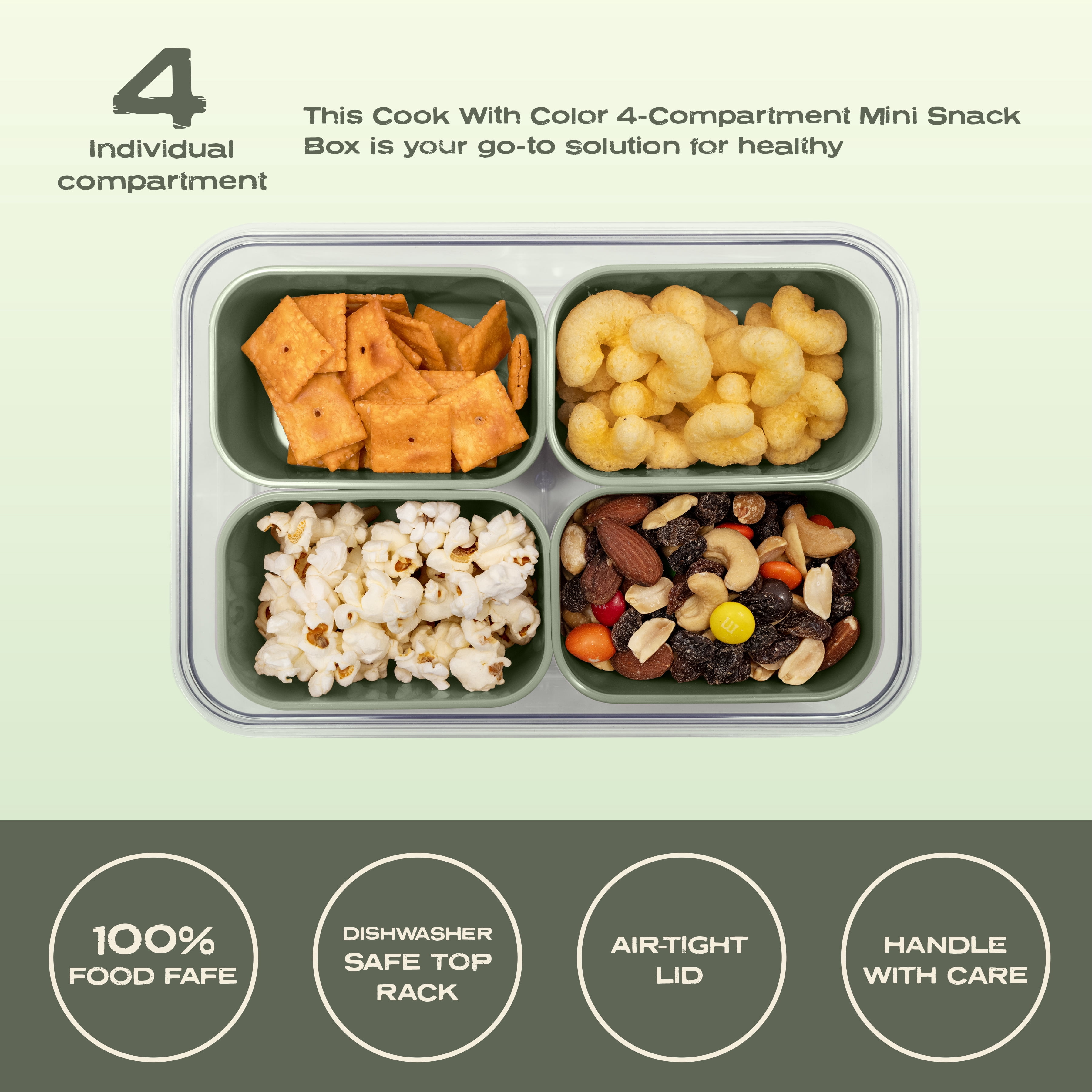 Cook with Color 4-Compartment Portable Snack Box Food Storage Container with Removable Ice Pack, Sage