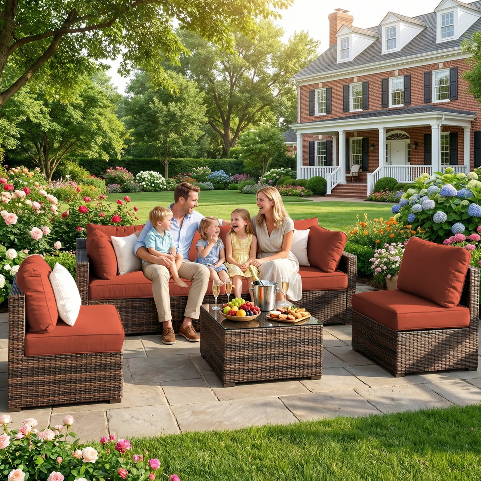 Gaildon 7 Patio Outdoor Furniture Wicker Sectional Sofa Couch Lawn Sectional Black Glass Table, Red