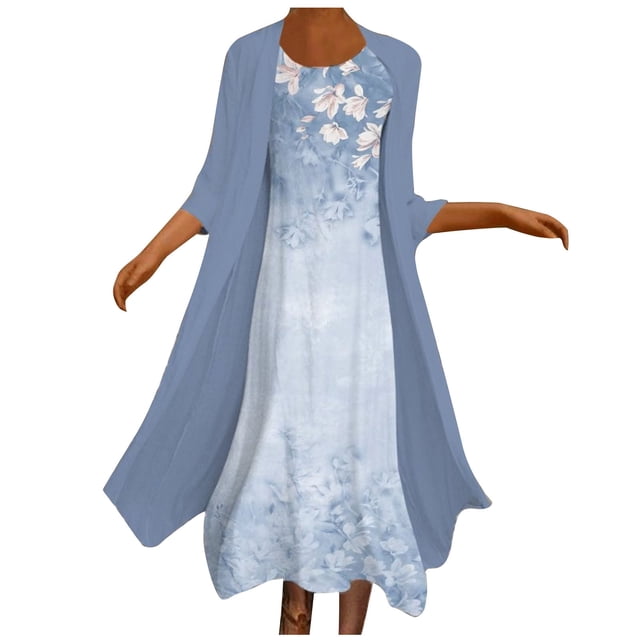 Vente de Liquidation Ensemble Robe Deux Pièces Grande Taille pour Femmes Imprimé Manches 3/4 Col Rond Ample Jupe