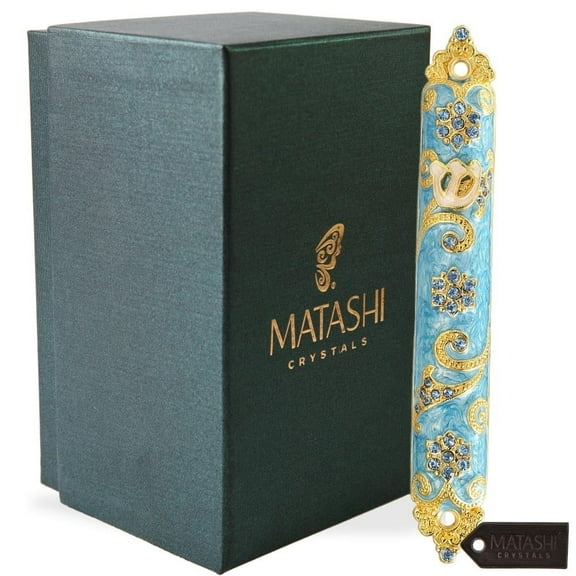 Matashi 4.5" Hand-Painted Blue Enamel Mezuzah with Gold Accents and Crystals – 1 Count