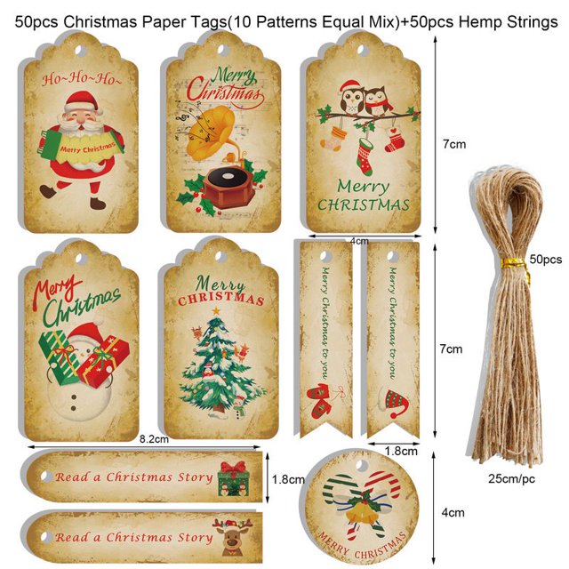 50 etiquetas de papel Kraft de Feliz Navidad, etiquetas de regalo, paquete de Navidad DIY, envoltura de Papá Noel, etiqueta colgante con cuerda, regalos de boda