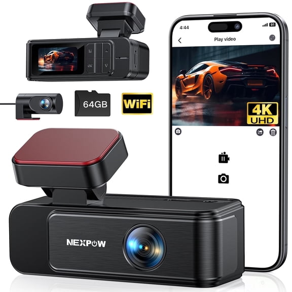 4K   2K Dual Dash Cam with Front & Rear Cameras, 64GB Card, WiFi, Night Vision & G-Sensor