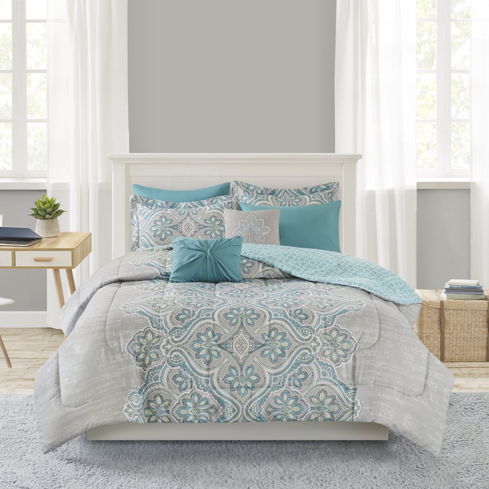 Mainstays 8 Piece Comforter Set with Coverlet, King, Teal