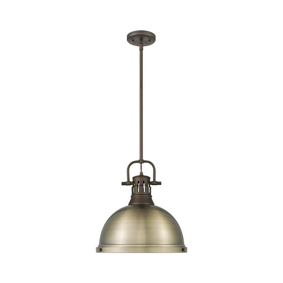 Yep by Golden Lighting Duncan 1-light 14in Rod Hung Pendant in Rubbed Bronze and Aged Brass shade