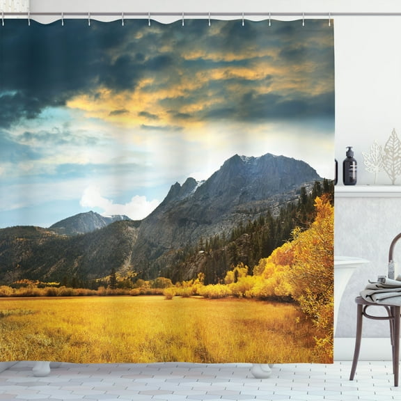 Ambesonne Autumn Shower Curtain, Mountain Grassland Sun, 69"Wx75"L, Earth Yellow Bluegrey