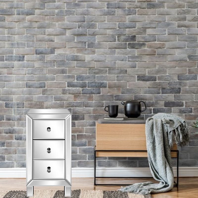 Nightstand, Nightstand, Mirrored Nightstand, Bedroom Nightstand, MDF Nightstand, Mirrored Bedside Table, Three Drawer Nightstand, Mirrored Nightstand with Clear Knobs