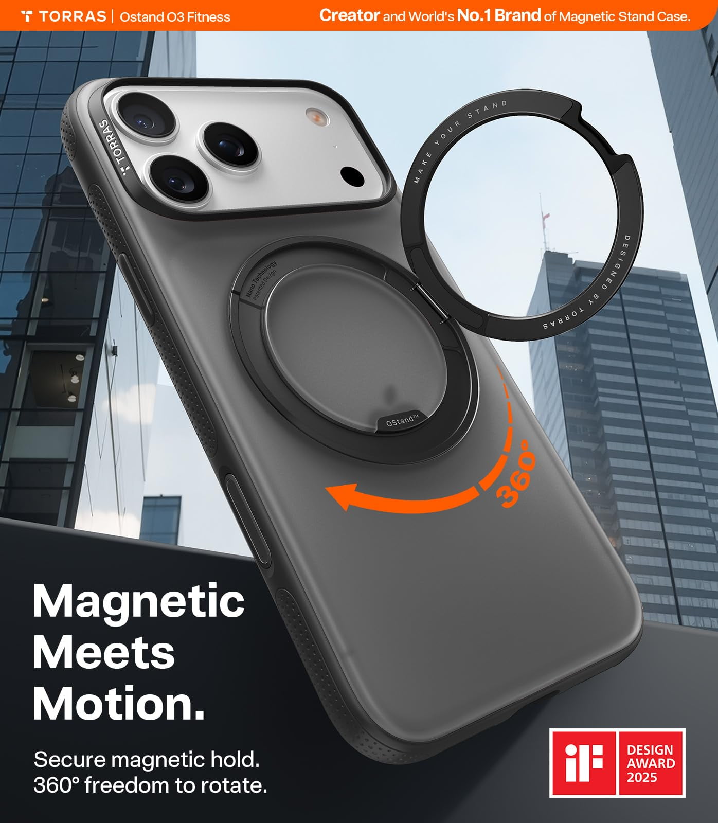 TORRAS O3 Fitness for iPhone 17 Pro Max Case, Fit for MagSafe with 360°Stand, Mil-Grade Protection, Camera Control, Translucent Slim, 6.9″,Black