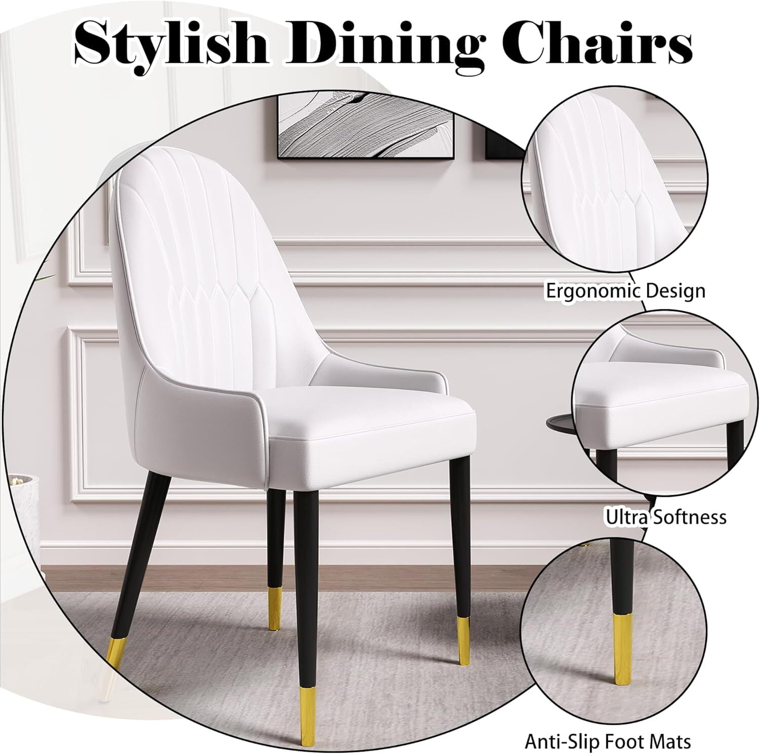 2-Piece Dining Chairs Set, White PU Faux Leather Upholstery with Metal Frame, Modern Design for Kitchen, Living Room, Office