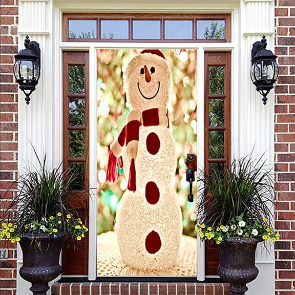 Christmas Snowman Door Sticker Fabric Door Wall Decoration Front Door or Indoor Home Holiday Party Decor, Removable self-adhesive wall stickers,S(38.5x200cmx2Pcs)