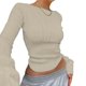 thumbnail image 4 of Gibobby Blusas Elegantes Camiseta corta ajustada Sexy para mujer, camisetas ajustadas de manga larga con cuello redondo, camiseta recortada de punto superior, blusa Retro, ropa de calle（Blanco， M), 4 of 5