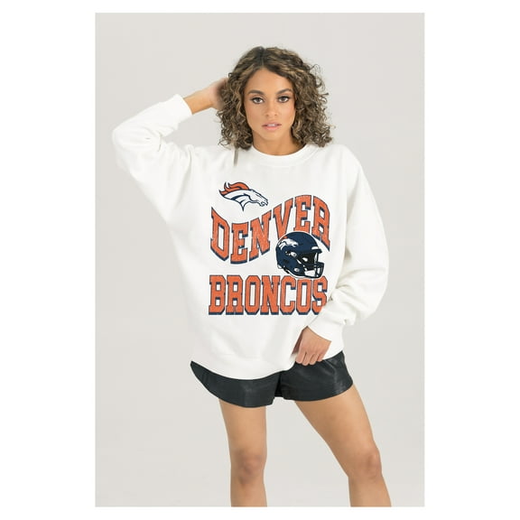 Women's Gameday Couture  White Denver Broncos Oversized Hard Earned Premium Fleece Pullover Sweatshirt