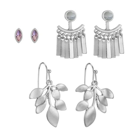 Time and Tri Worn Silver Earring Trio, 3 Pieces