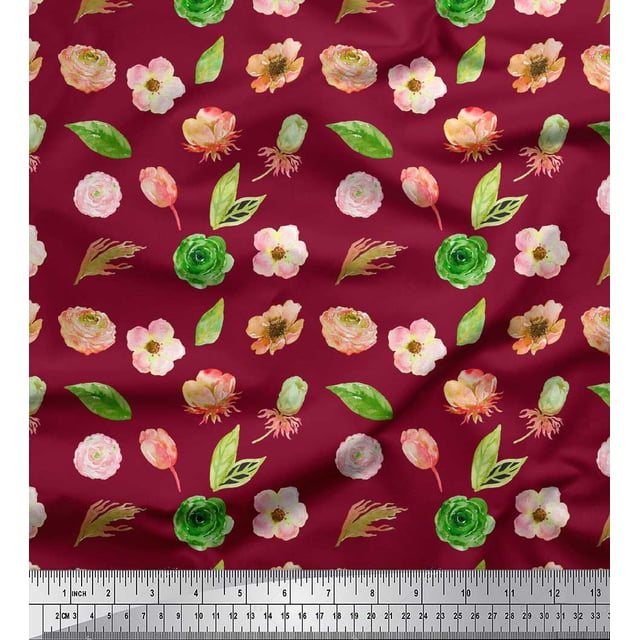 Soimoi Red Poly Georgette Fabric Anemone & Leaves Decor Fabric Printed Yard 52 Inch Wide
