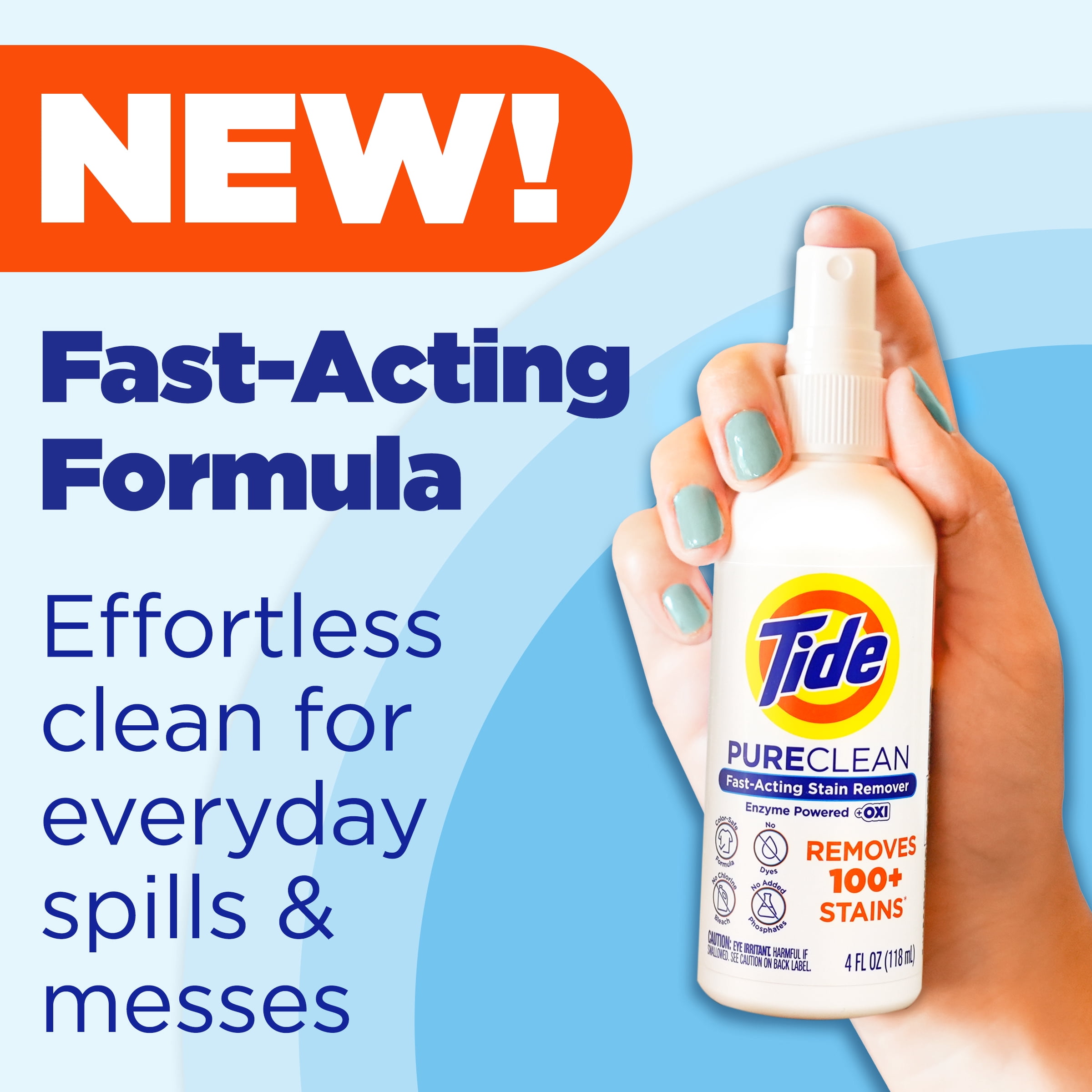 Tide PureClean Stain Remover, Enzyme Powered, With OXI, Fast-Acting and Color-Safe Formula, 4 fl oz