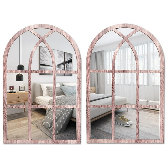2Pcs Window Wall Mirror Rustic Arched Wall Mirror Decorative Windowpane Mirror Acrylic Mirror Wall Decor with Wood Frame for Living Room Bedroom 27x42cm