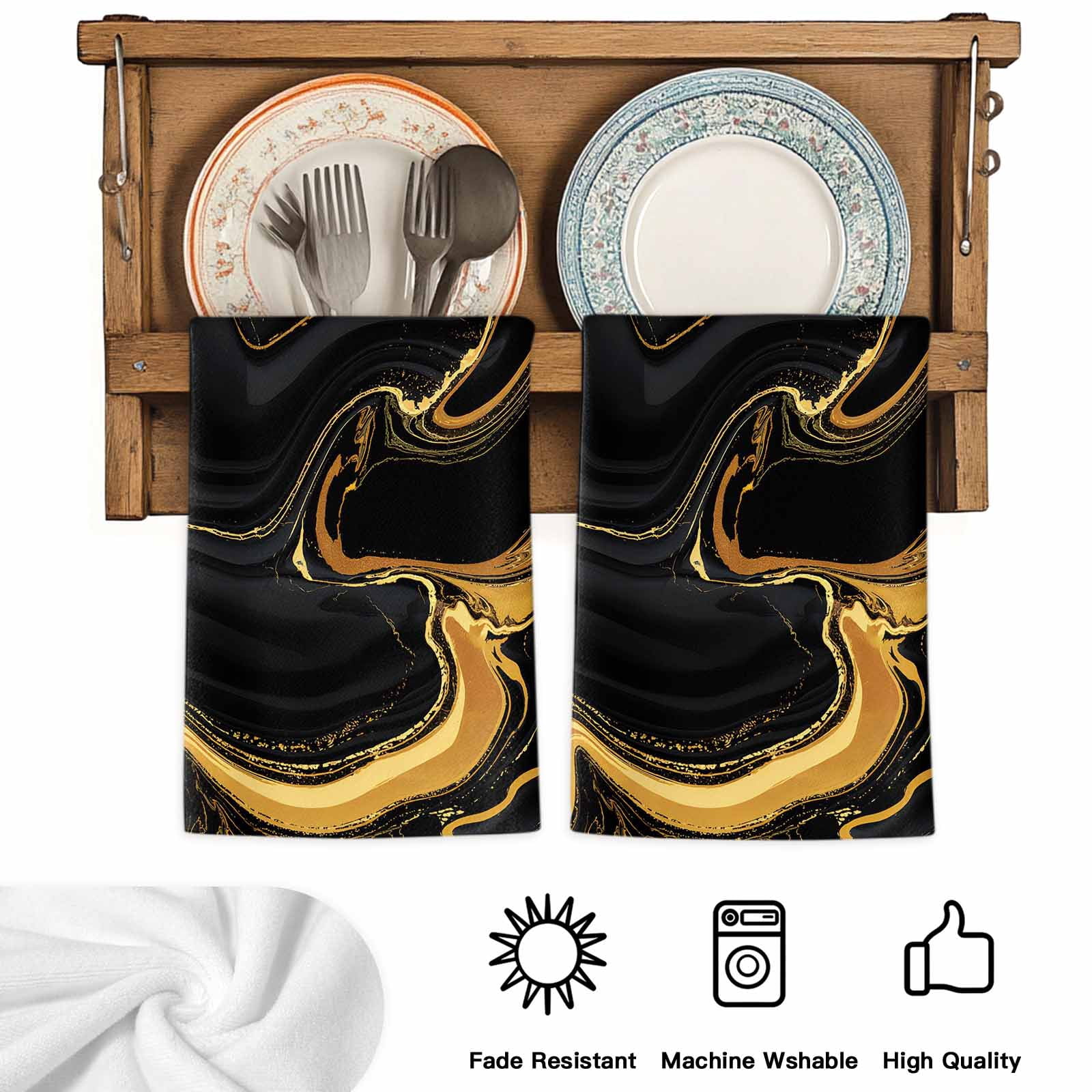 Marble Black Kitchen Towels Set of 3, Vintage Gold Art Abstract Farmhouse Soft Microfiber Dish Towels, Absorbent Quick-Dry Washable Dishcloths for Kitchen Cleaning, Drying Dishes, 18x28 Inches