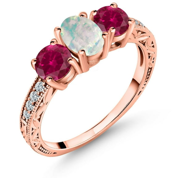 Gem Stone King 1.95 Ct Oval Cabochon White Simulated Opal Red Created Ruby 18K Rose Gold Plated Silver Ring (Size 5)