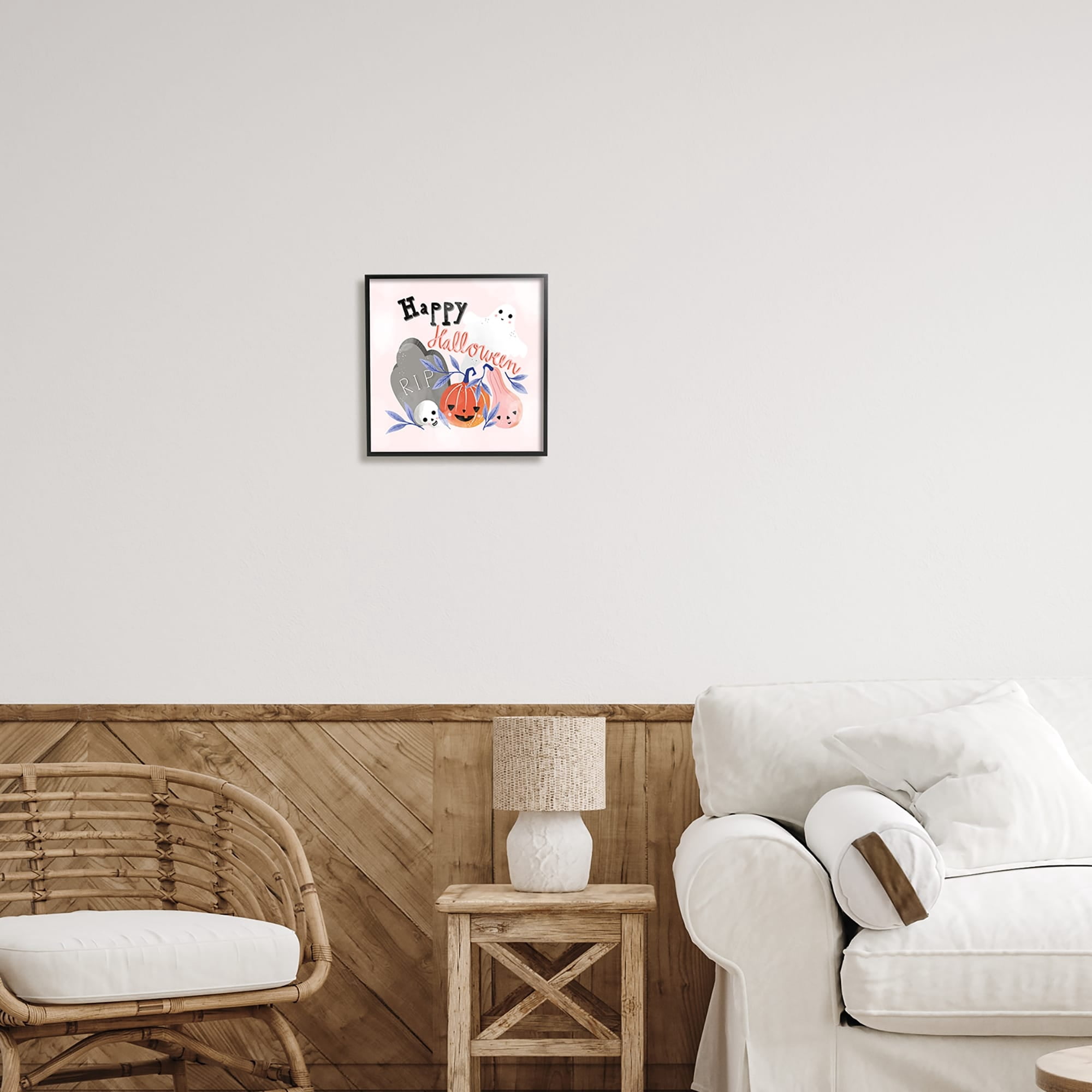 Stupell Industries Happy Halloween Typography Whimsical Haunted Faces Motifs Graphic Art Gray Framed Art Print Wall Art, Design by Dominika Godette