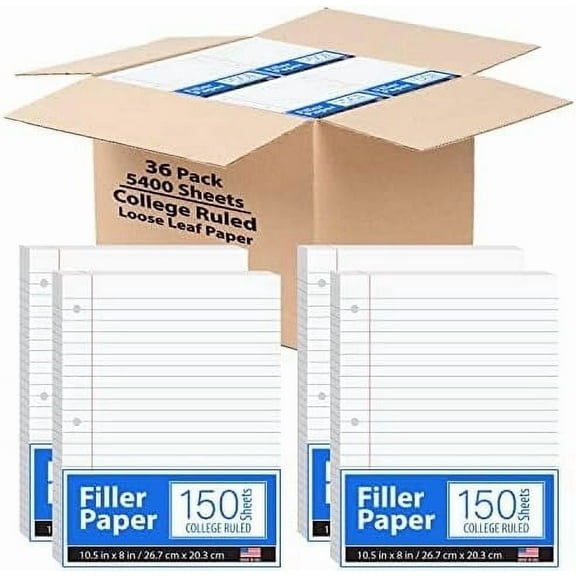 VEEBOOST College Ruled Paper, 56 GSM Thick Loose Leaf College Ruled Filler Paper, 36-Pack
